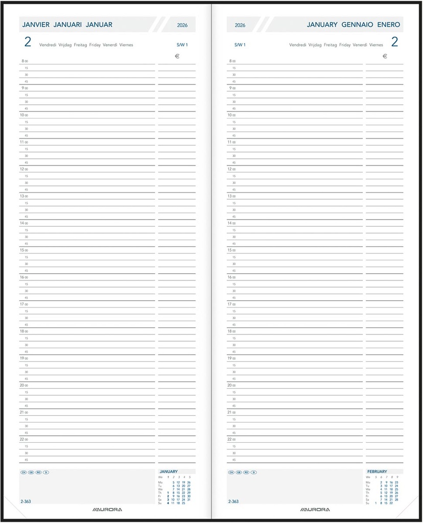 Agenda Aurora Longo LA411 Linnen 140x340mm zestalig zwart 2026 1 dag/2 pagina's