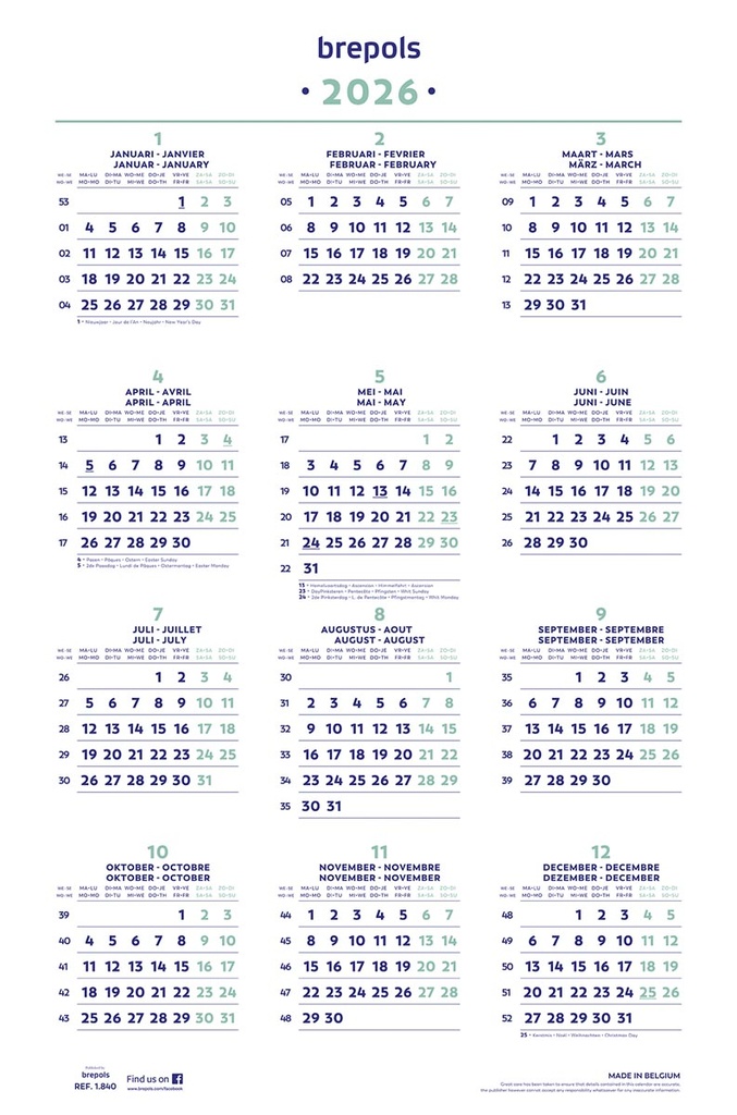 Jaarkalender Brepols 400x605mm 2026