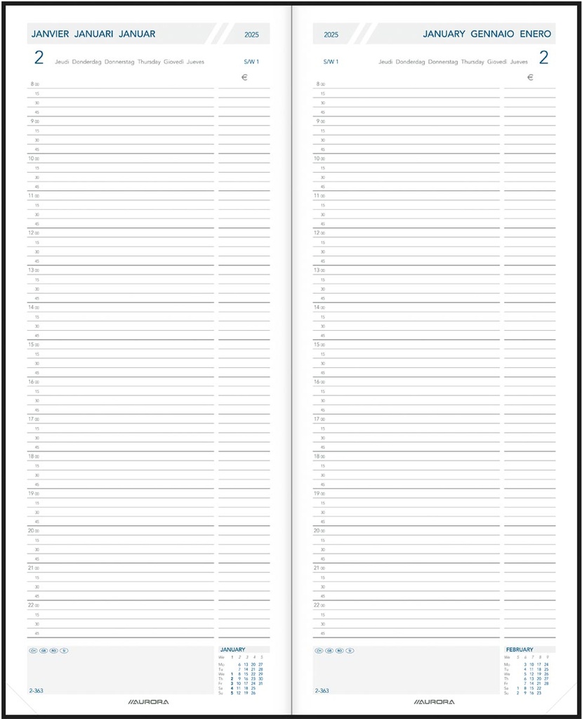 Agenda Aurora Longo LA411 Linnen 140x340mm zestalig assorti 2025 1 dag/2 pagina's