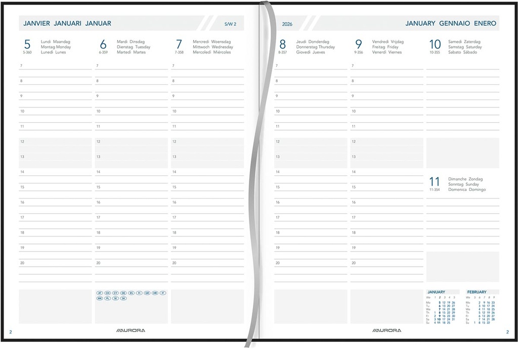 Agenda Aurora Business 29 Florence 175x225mm zestalig zwart 2027 1 week/2 pagina's