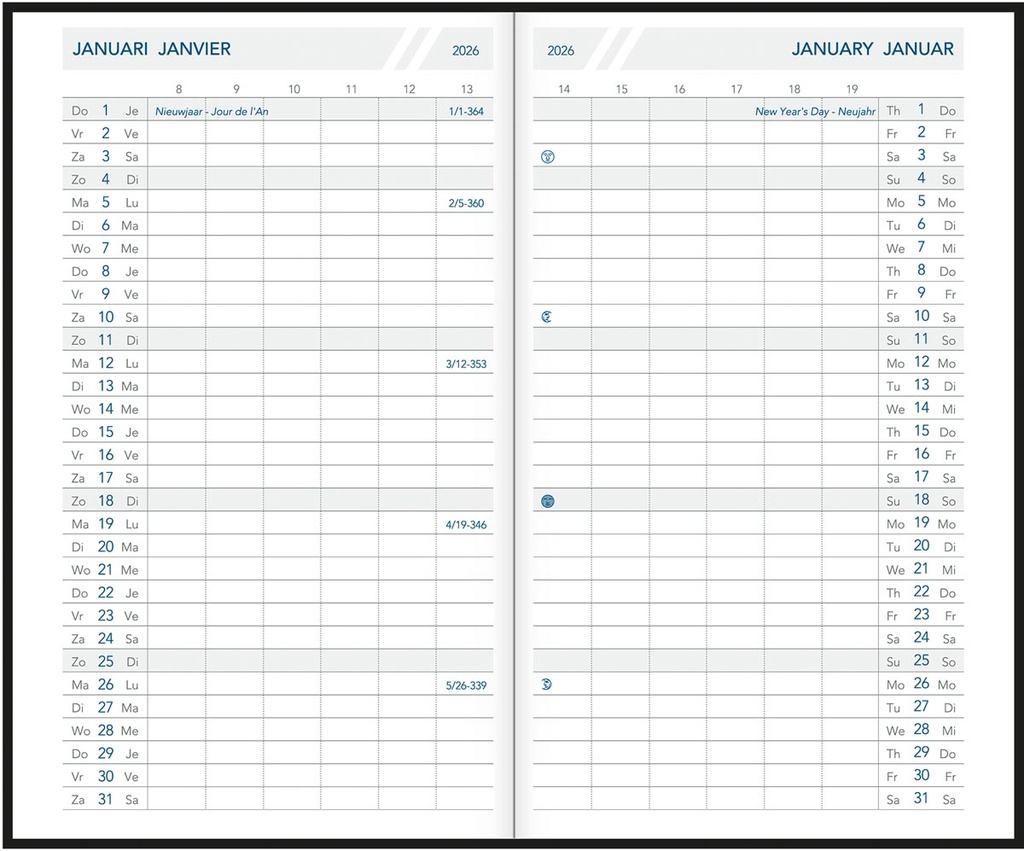 Zakagenda Aurora Oraplan 19 Seta 105x165mm viertalig assorti 2026 1 maand/2 pagina's