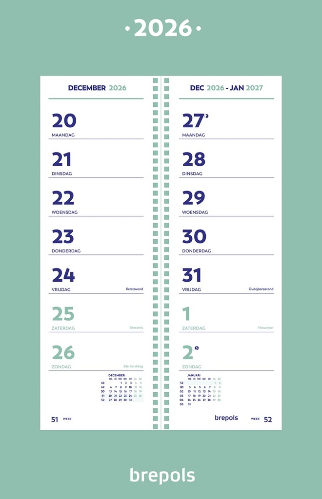 Omlegkalender Brepols Week op schild 100x310mm 2026