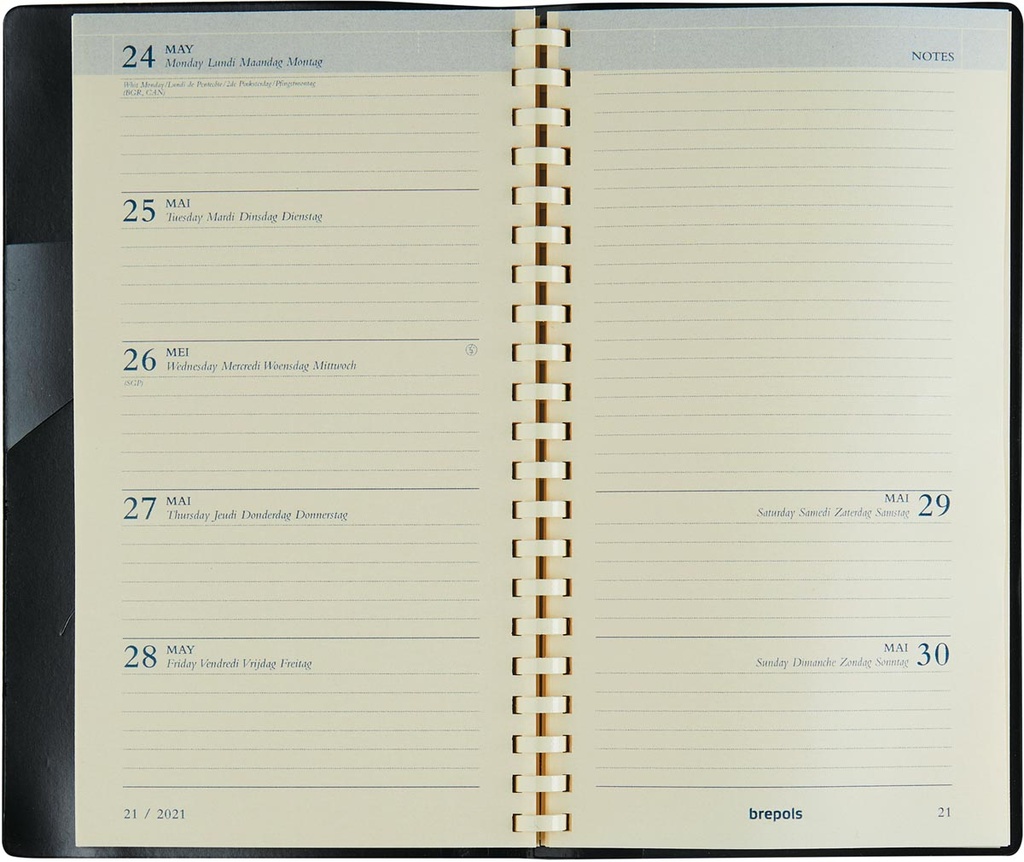 Zakagenda Brepols Notaplan Genova 89x160mm viertalig zwart 2025 1 week/2 pagina's