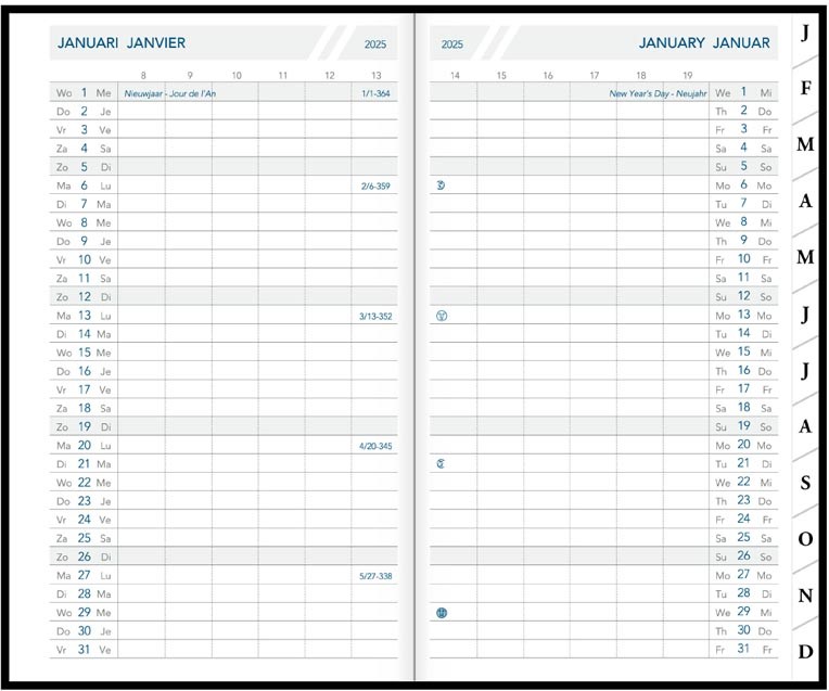 Zakagenda Aurora Oraplan 18 Seta 105x165mm viertalig assorti 2025 1 maand/2 pagina's