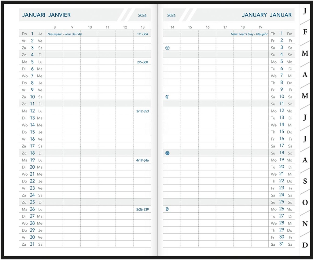 Zakagenda Aurora Oraplan 18 Seta 105x165mm viertalig assorti 2026 1 maand/2 pagina's