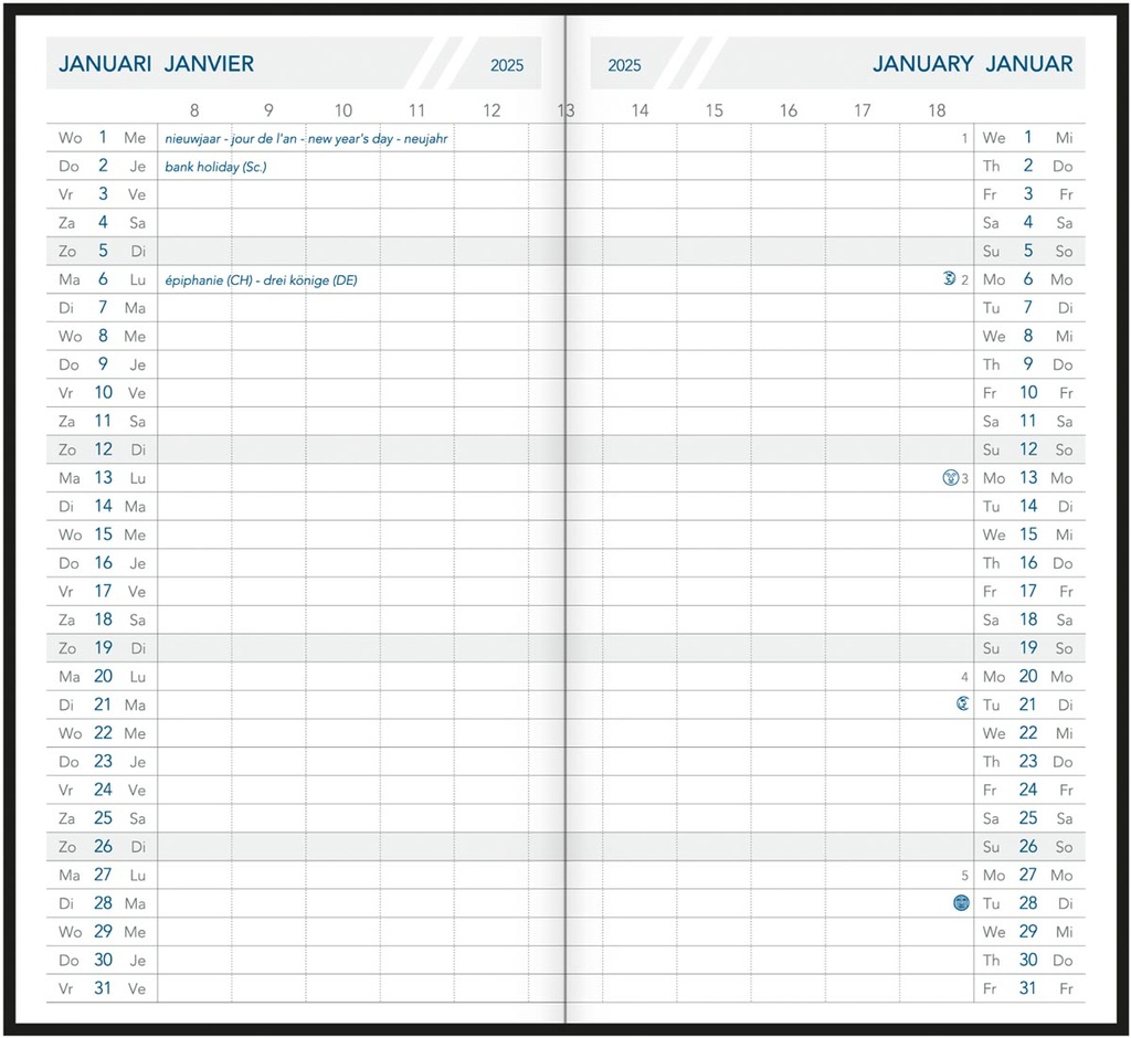 Zakagenda Aurora Foldplan 26 Seta 90x165mm viertalig assorti 2025 1 maand/2 pagina's