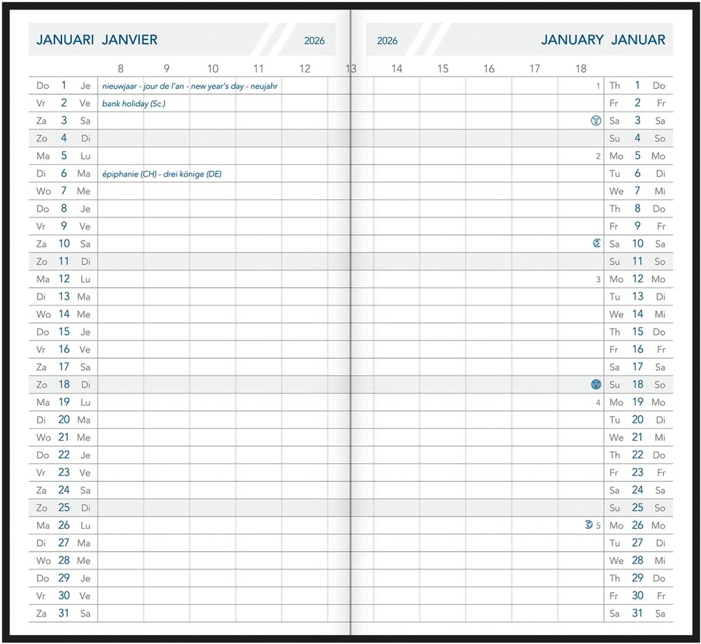Zakagenda Aurora Foldplan 26 Seta 90x165mm viertalig assorti 2027 1 maand/2 pagina's