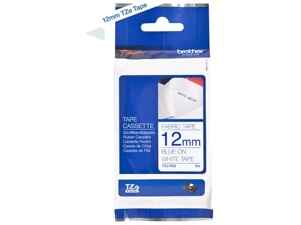 Tape Brother P-Touch TZE-FA3 12mm blauw op witte textieltape