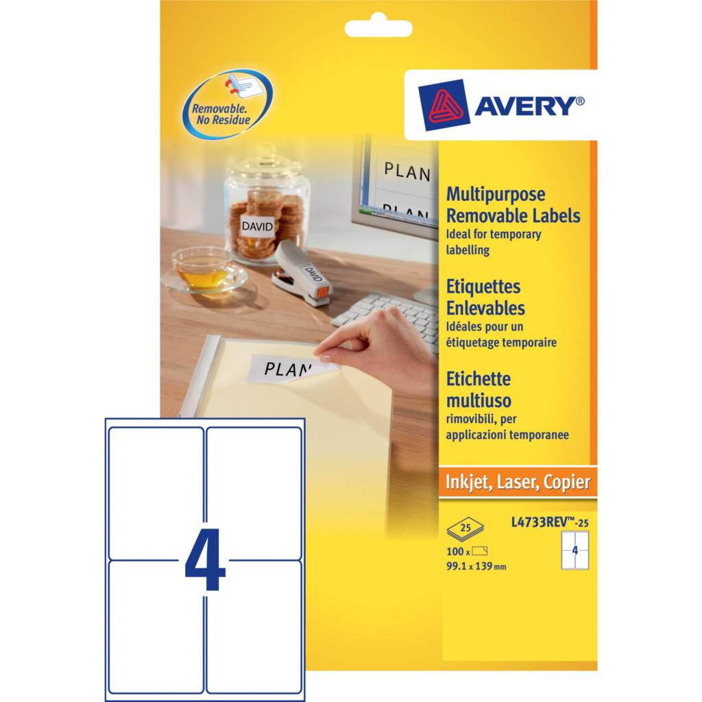 Etiketten Avery Removable 04 etik/bl 99,1x139mm voor inkjet, copier en laser wit (25)