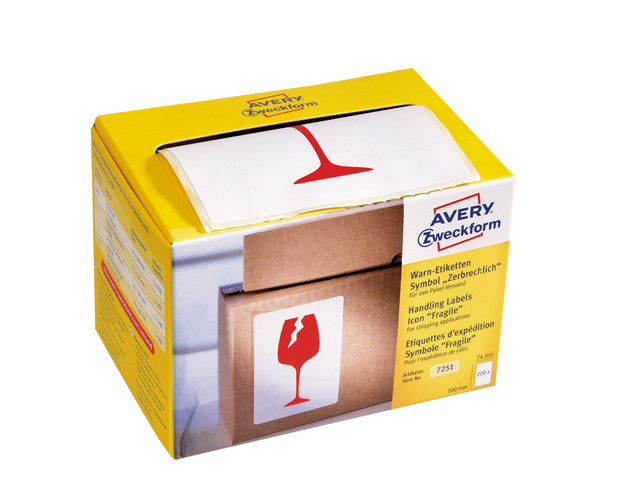 Waarschuwingsetiket Avery op rol 'Fragile' 74x100mm (200)