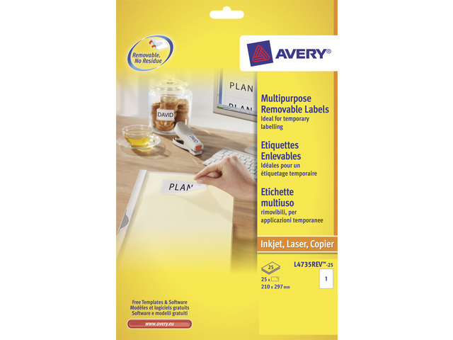 Etiketten Avery Removable 01 etik/bl 210x297mm voor inkjet, copier en laser wit (25)