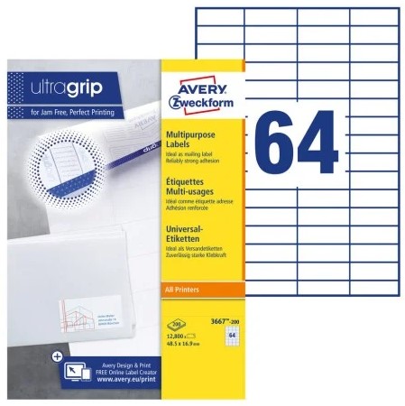 Etiketten Avery Universeel 64 etik/bl 48,5x16,9mm 220bl/d wit