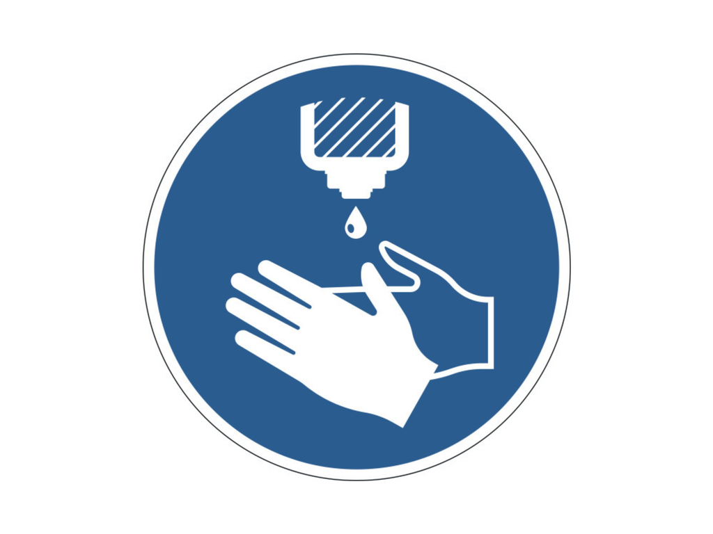 Vloermarkering Durable sticker Ø430mm "handen ontsmetten verplicht" verwijderbaar blauw