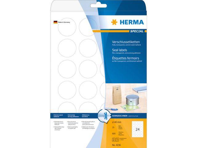 Sluitetiket Herma A4 24 etik/bl Ø40mm extra sterk en weerbestendig transparant (100)