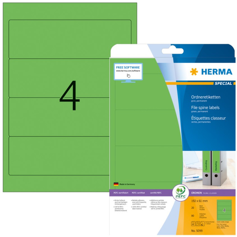 Rugetiket Herma A4 4 etik/bl. 192x61mm zelfklevend groen (20)