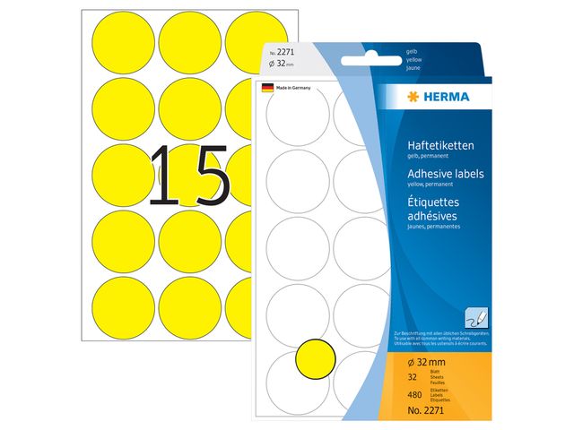 Etiketten Herma Multi-Purpose Color Dots A4 15 etik/bl Ø32mm geel (32)