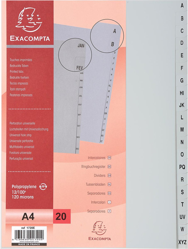 Tabbladen Exacompta PP A4 A-Z 11-gaats grijs