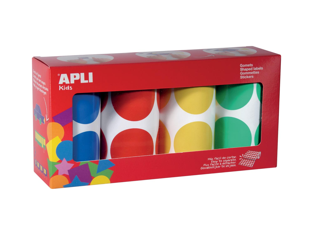 Stickers Apli Kids op rol XL cirkels Ø45mm 4 rollen in 4 veschillende kleuren