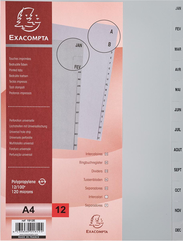 Tabbladen Exacompta PP A4 jan-dec 11-gaats grijs