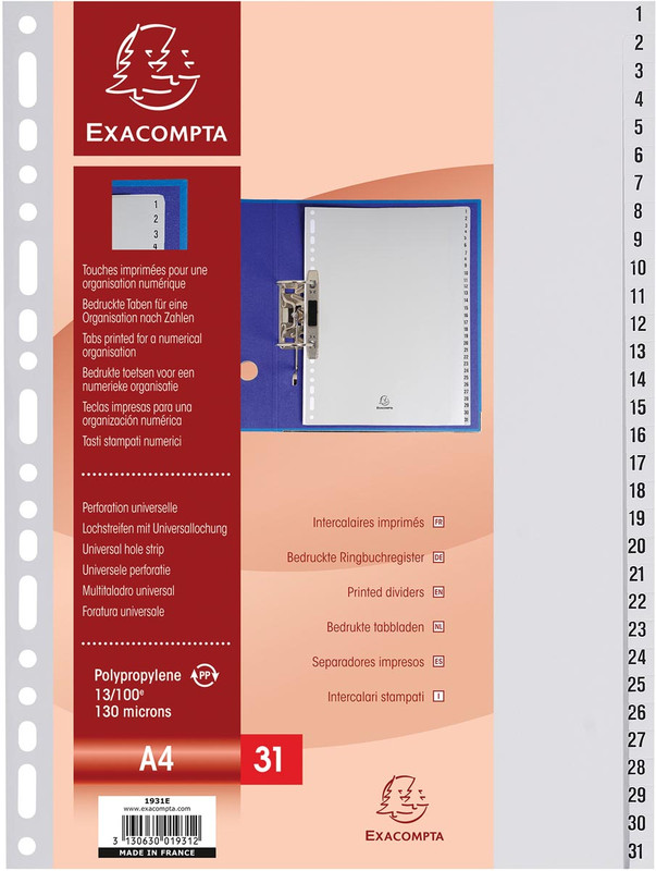 Tabbladen Exacompta PP A4 1-31 11-gaats grijs