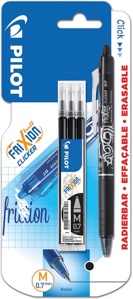 Balpen Pilot FriXion Ball Clicker 0,7mm medium zwart inclusief 3 vullingen