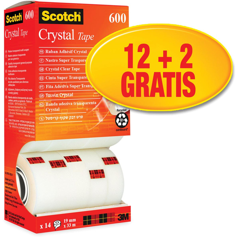 Plakband Scotch Crystal Tape 19mmx33m 12+2 gratis voor kleine afroller