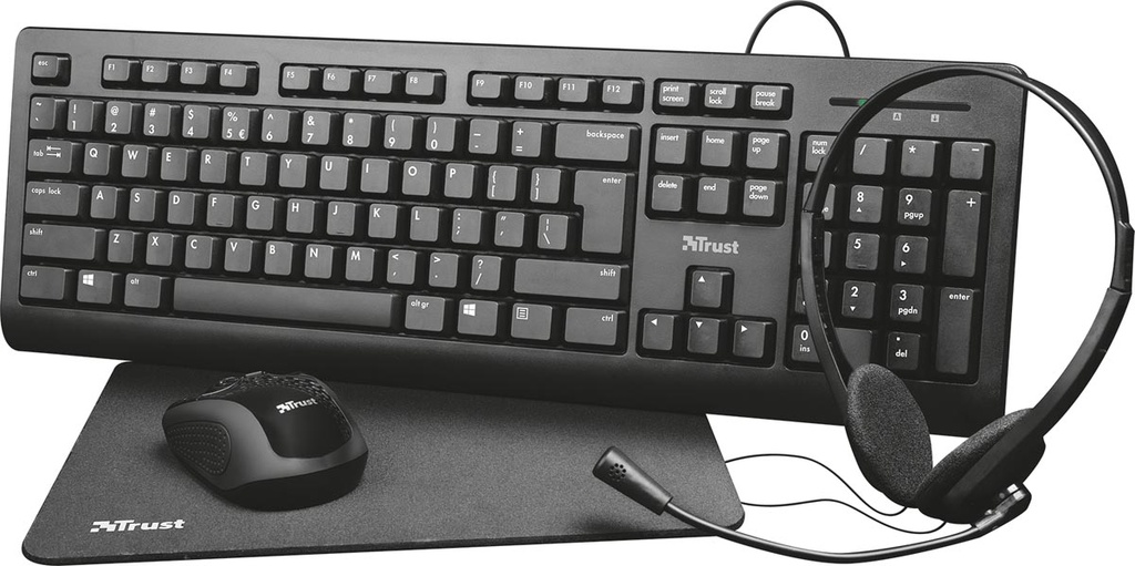 Deskset Trust Primo 4-in-1 Home Office met headset, toetsenbord (QWERTY), muis en muismat