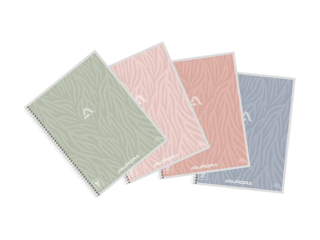 Spiraalschrift Aurora Writing 80 Design karton A4 21x29,5cm gelijnd 120blz met kantlijn assorti