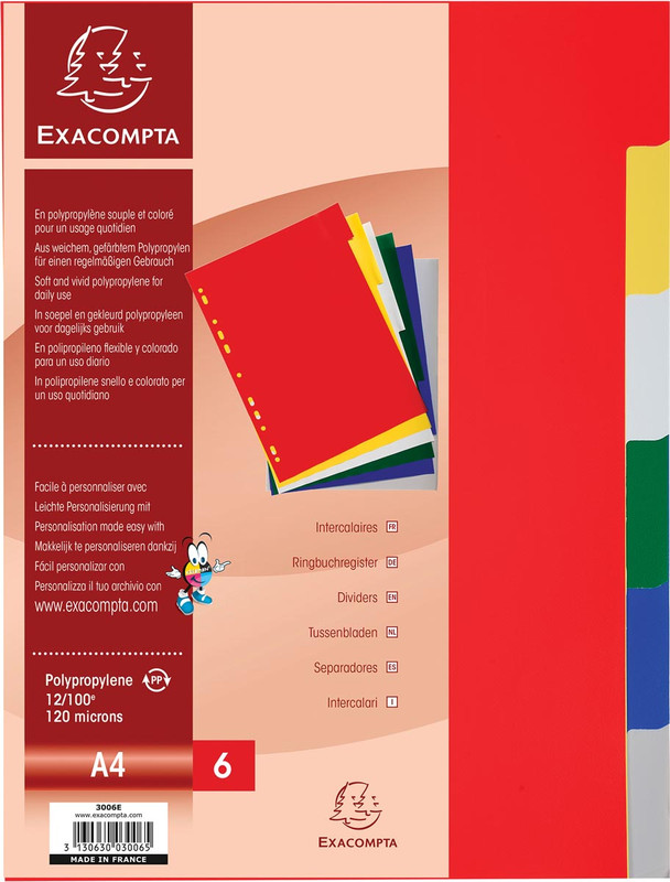 Tabbladen Exacompta PP A4 6-tabs 15-gaats assorti