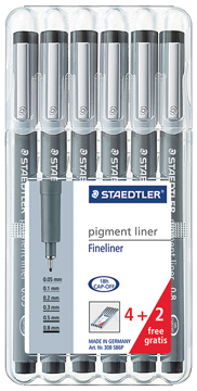 Fineliner Staedtler Pigment Liner 308 ≠ breedtes zwart 4+2 gratis