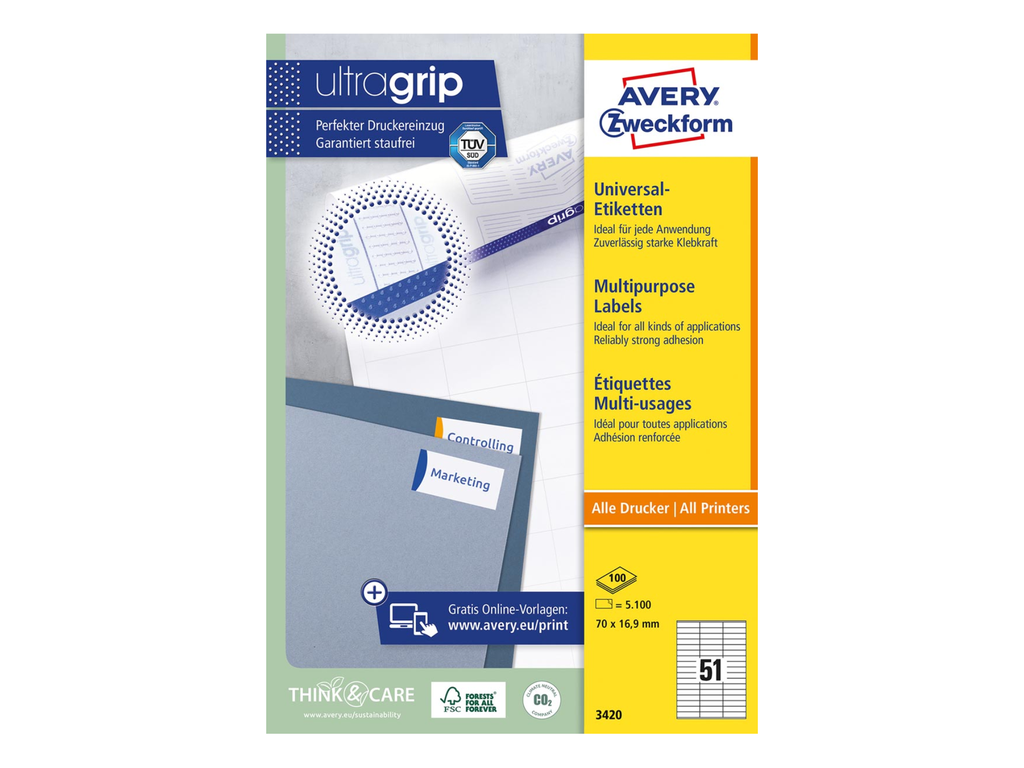 Etiketten Avery Universeel 51 etik/bl 70x16,9mm wit (100)
