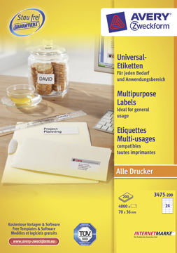 Etiketten Avery Universeel 24 etik/bl 70x36mm wit (200)