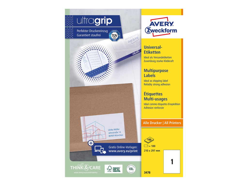 Etiketten Avery Universeel 01 etik/bl 210x297mm wit (100)
