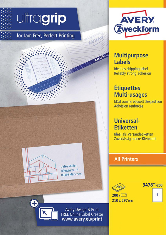 Etiketten Avery Universeel 01 etik/bl 210x297mm wit (200)