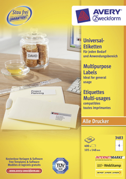Etiketten Avery Universeel 04 etik/bl 105x148mm wit (100)