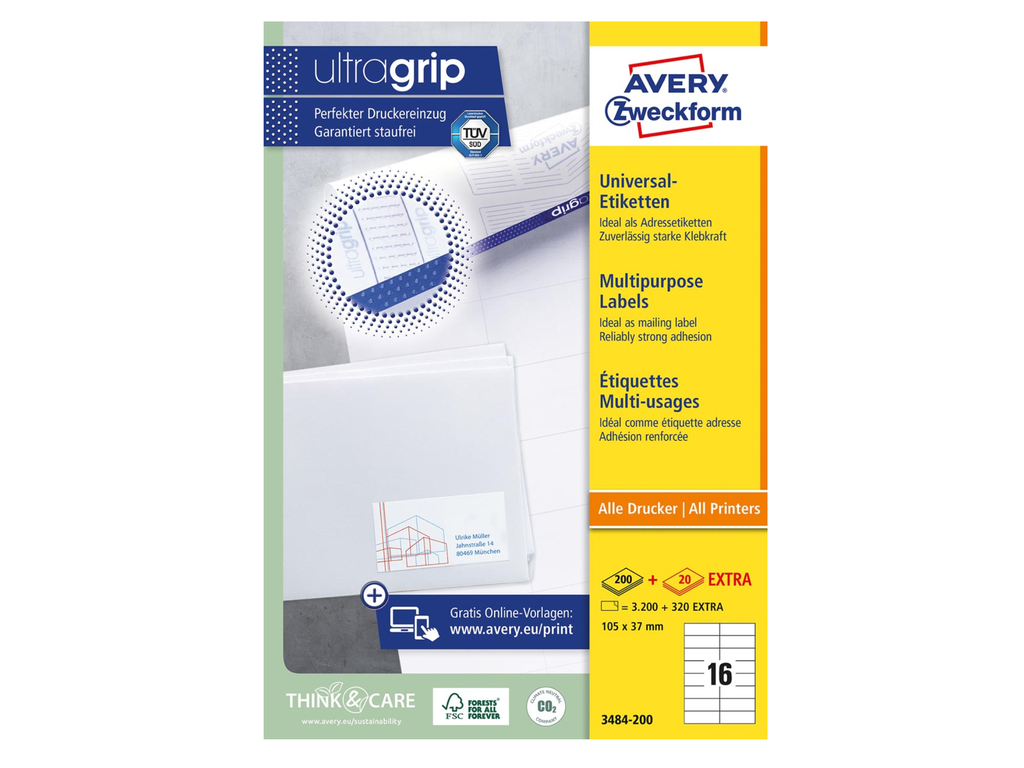 Etiketten Avery Universeel 16 etik/bl 105x57mm wit (200)