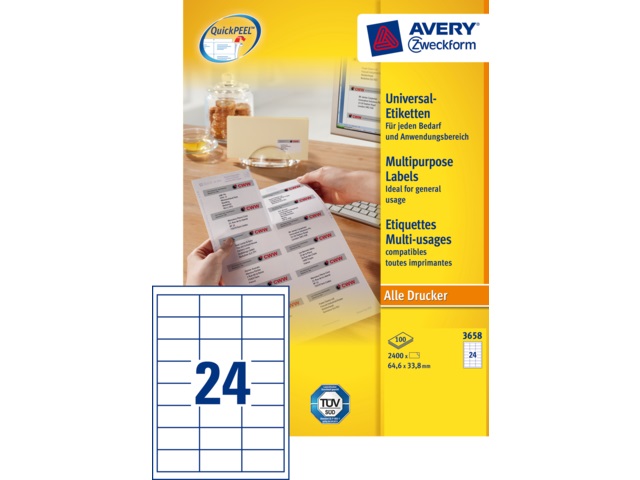 Etiketten Avery Universeel 24 etik/bl 64,6x33,8mm wit (100)