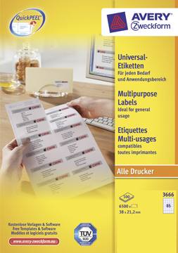Etiketten Avery Universeel 65 etik/bl 38x21,2mm wit (100)