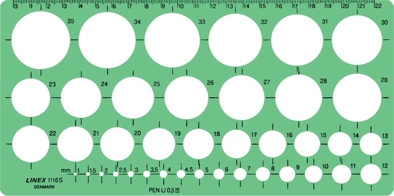 Cirkelsjabloon Linex 1-35mm met 39 cirkels en milimeteruitlijning