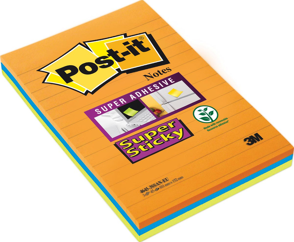 Memoblok Post-it Super Sticky 102x152mm 45vel assorti