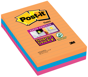 Memoblok Post-It Super Sticky Bangkok 101x152mm gelijnd assorti (3)