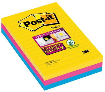Memoblok Post-It Super Sticky Rio 101x152mm gelijnd assorti (3)