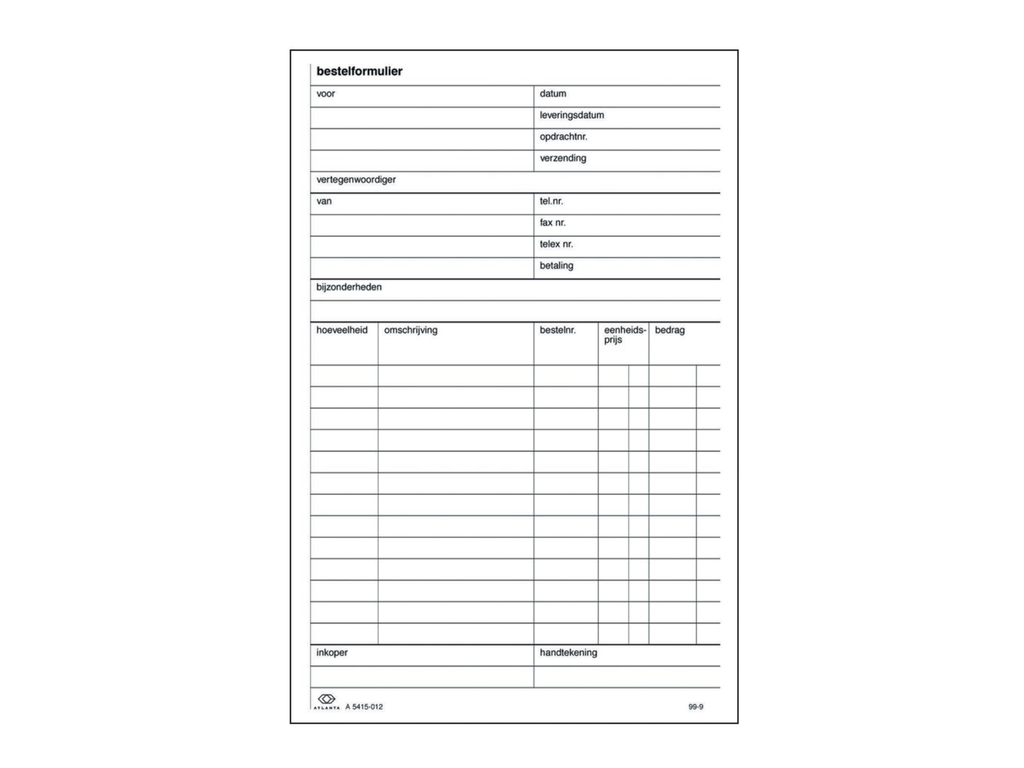 Bestelformulier Atlanta nederlandstalig 14,8x21cm A5 2-voud zelfkopiërend 50sets