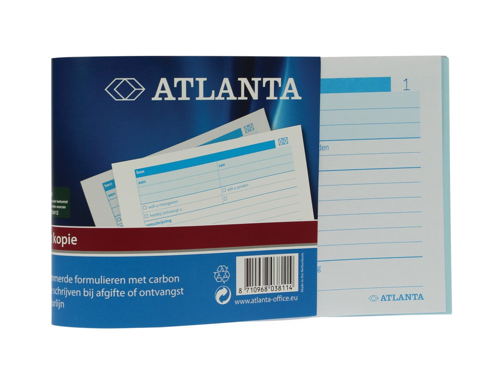 Bonboekje Atlanta nederlandstalig genummerd 1-100 10,5x14,8cm A6 2-voud 1vel carbon 100bl