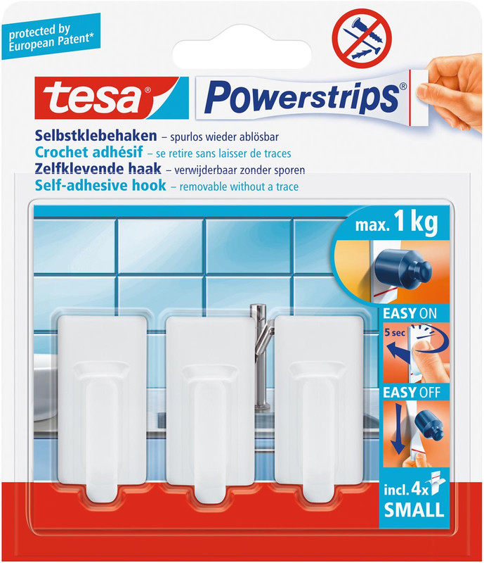 Zelfklevende haken Tesa Powerstrips 1kg 4 strips en 3 haken wit