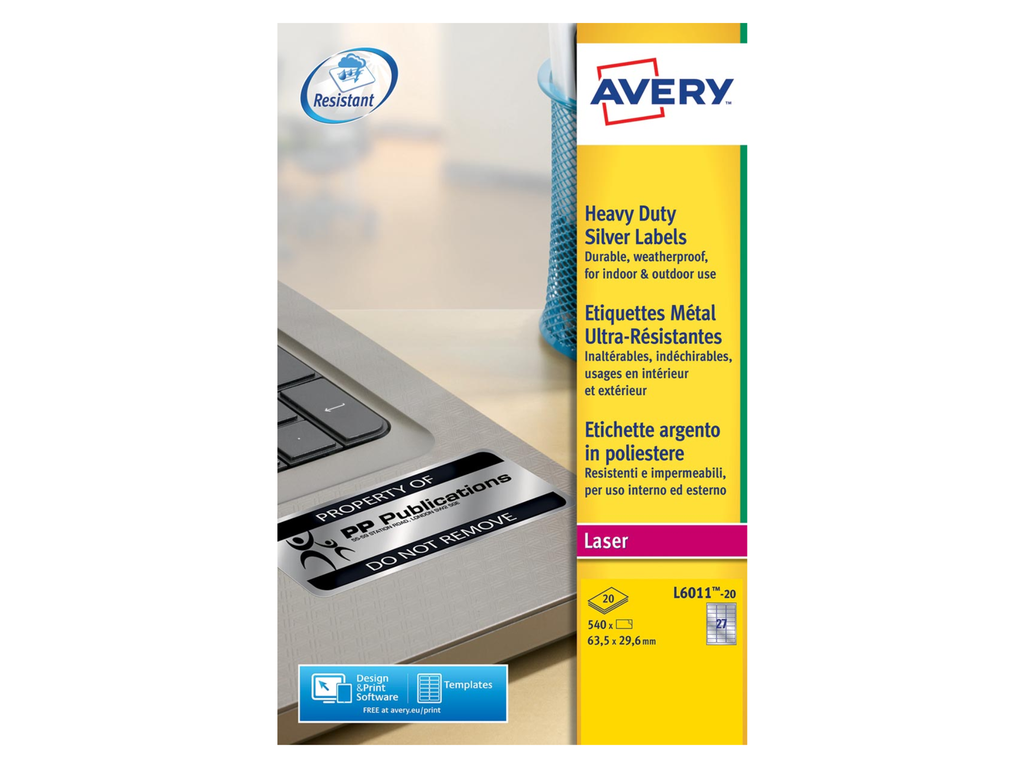 Etiketten Avery Heavy Duty 27 etik/bl 63,5x29,6mm zilver (20)