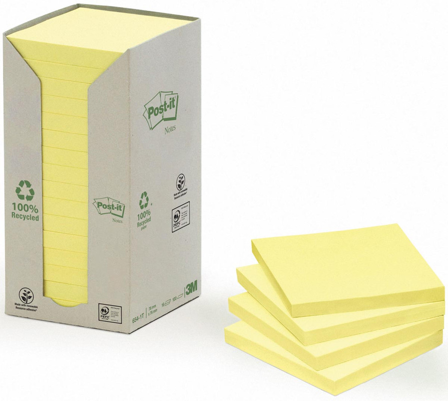 Memoblok Post-it 76x76mm gerecycleerd geel (16)