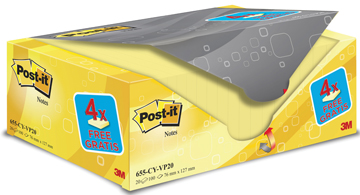 Memoblok Post-it 76x127mm geel voordeelpak 16+4 gratis