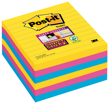 Memoblok Post-It Super Sticky Rio 101x101mm 70vel gelijnd assorti (3)