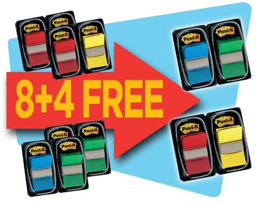 Index Post-It Standaard 25,4x43,2mm assorti voordeelpak 8+4 gratis